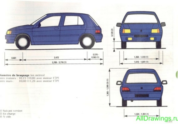 Renault Clio I (Рено Клио И) - чертежи (рисунки) автомобиля